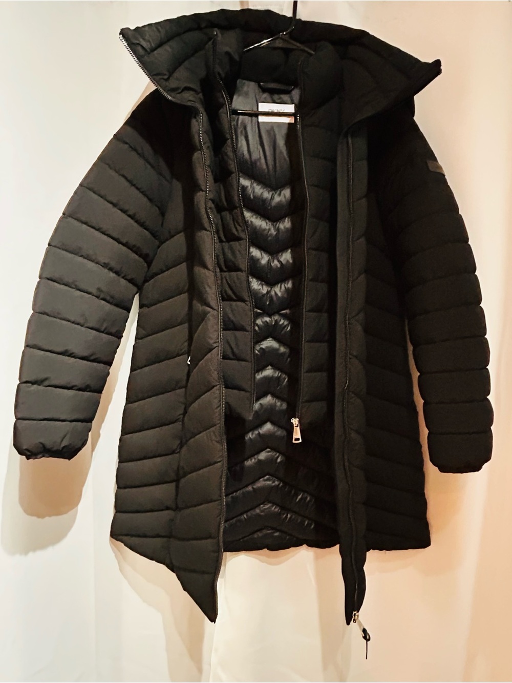 DKNY Black Quilted Hooded Long Puffer Coat with inside vest style zipper